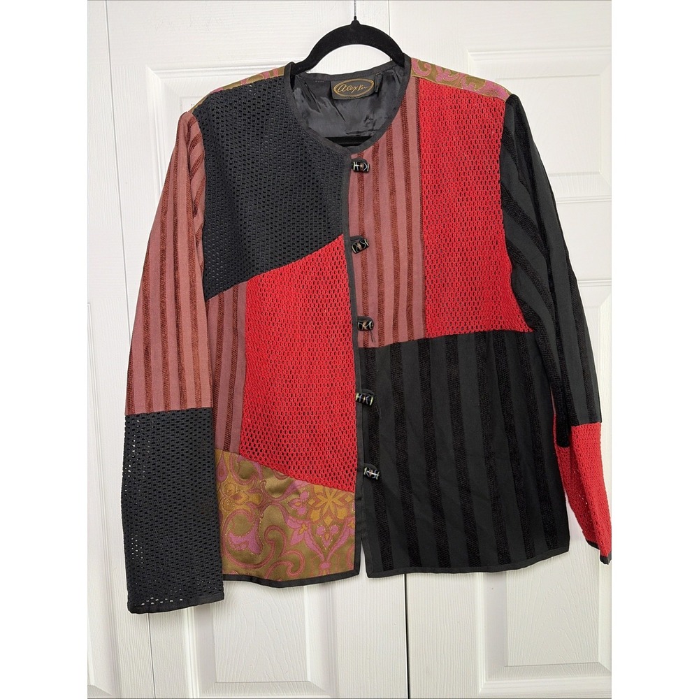 Alex Kin Patchwork Art to Wear Jacket‎ Womens Size L Red Black Vintage Boho Knit